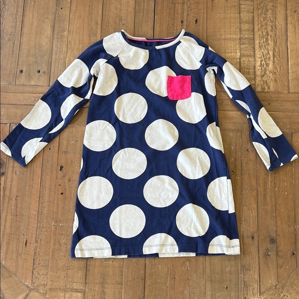 Mini Boden polka dot jersey pocket dress 5-6 years tunic blue gray